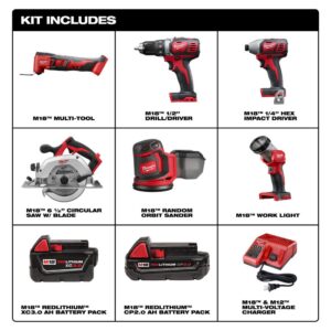 Milwaukee M18 18-Volt Lithium-Ion Cordless Combo Kit (6-Tool) with 2 M18 Batteries, 1 Charger, 1 Tool Bag