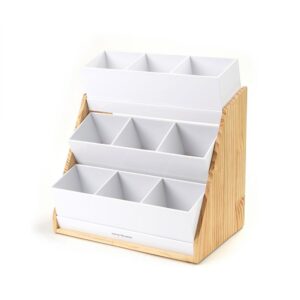 Mind Reader 9-Compartment White Condiment Organizer with Wood Base