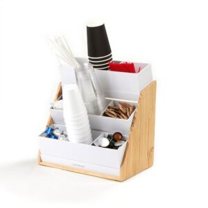 Mind Reader 9-Compartment White Condiment Organizer with Wood Base