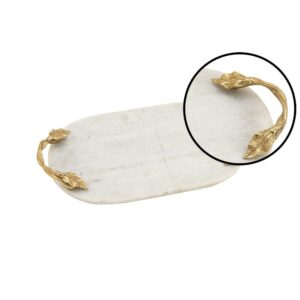 LITTON LANE 20 in. W x 2 in. H White Marble Oval Decorative Tray with Gold Leaf-and-Vine-Shaped End Handles