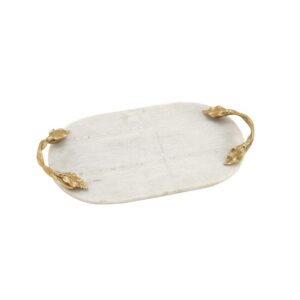 LITTON LANE 20 in. W x 2 in. H White Marble Oval Decorative Tray with Gold Leaf-and-Vine-Shaped End Handles