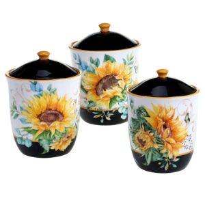 Certified International Sunflower Fields 3-Piece Seasonal Multicolored Earthenware 96, 74, 52 oz. Canister Set