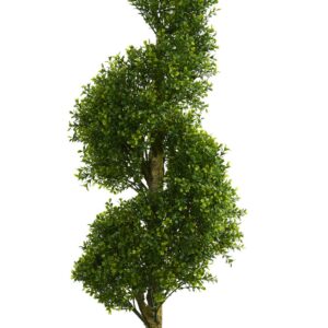 Nearly Natural 5 ft. High Indoor/Outdoor Boxwood Spiral Topiary Artificial Tree in Slate Planter