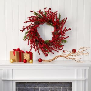 Nearly Natural 28 in. Cypress Artificial Wreath with Berries and Pine Cones