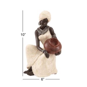 LITTON LANE 10 in. African Woman Decorative Figurine in Textured Ebony, Beige, Brick Red, and Silver
