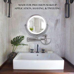 Ovente 13.2 in. H x 1.6 in. W, Small Round Nickel Brushed Lighted Framed Modern Vanity Mirror, 1x 7x Magnification