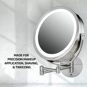 Ovente 13.2 in. H x 1.6 in. W, Small Round Nickel Brushed Lighted Framed Modern Vanity Mirror, 1x 7x Magnification
