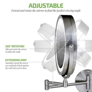 Ovente 13.2 in. H x 1.6 in. W, Small Round Nickel Brushed Lighted Framed Modern Vanity Mirror, 1x 7x Magnification