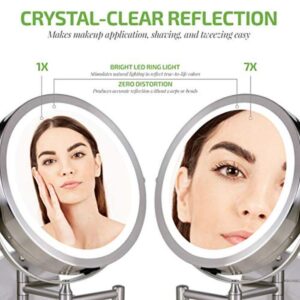 Ovente 13.2 in. H x 1.6 in. W, Small Round Nickel Brushed Lighted Framed Modern Vanity Mirror, 1x 7x Magnification