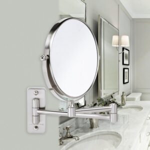 Ovente Small Round Wall Mounted Nickel Brushed Makeup Mirror (11 in. H x 1.4 in. W), 1x-10x Magnification
