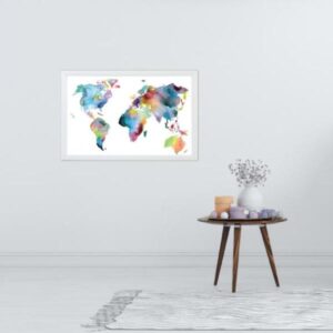 Petal Lane Watercolor World Map White Frame Magnetic Memo Board