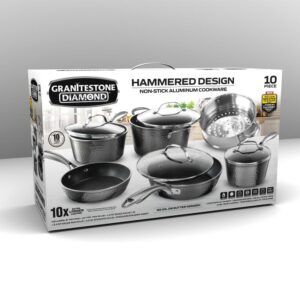GRANITESTONE 10-Piece Aluminum Hammered Ultra-Durable Non-Stick Diamond Infused Cookware Set in Pewter