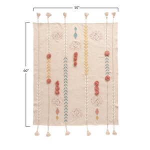 3R Studios Pink Cotton Throw with Decorative Applique, Pom Poms and Tassels