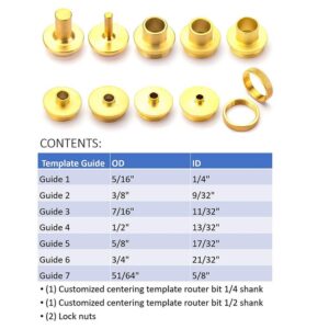 POWERTEC 11-Piece Brass Router Guide Bushing Set Pro Style Router Template Kit with Shank Bit Set and Lock Nuts