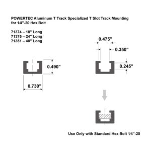 POWERTEC 18 in. Aluminum T-Track Heavy-Duty Specialized T Slot Track Mounting for 1/4 in.-20 Hex Bolt