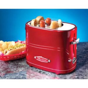 Nostalgia Retro Series 2-Slice Red Long Slot Hot Dog and Bun Toaster with Crumb Tray and Mini Tongs