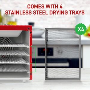 NutriChef 4-Tray Red 350 Watt Premium Food Dehydrator Machine with Digital Timer and Temperature Control