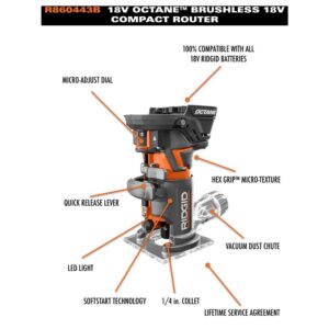 RIDGID 18-Volt OCTANE Cordless Brushless Compact Fixed Base Router with 18-Volt Lithium-Ion 2.0 Ah Battery Pack and Charger Kit