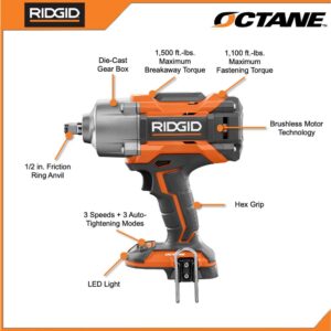 RIDGID 18-Volt OCTANE Cordless Brushless 1/2 in. High Torque 6-Mode Impact Wrench (Tool-Only) with Belt Clip