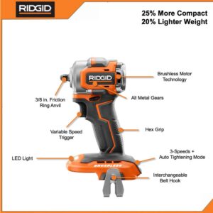 RIDGID 18-Volt SubCompact Lithium-Ion Cordless Brushless 3/8 in. Impact Wrench (Tool Only) with Belt Clip