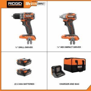 RIDGID 18V Brushless SubCompact Drill Driver and Impact Driver Combo Kit with (2) 2.0 Ah Batteries, Charger and Bag