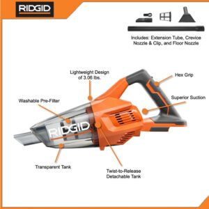 RIDGID 18-Volt Cordless Hand Vacuum (Tool Only) with Crevice Nozzle, Utility Nozzle and Extension Tube