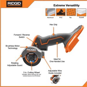 RIDGID 18-Volt SubCompact Lithium-Ion Cordless Brushless 3 in. Multi-Material Saw (Tool Only) with (3) Cutting Wheels