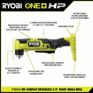 RYOBI ONE+ HP 18V Brushless Cordless Compact 1/4 in. Impact Driver and 3/8 in. Right Angle Drill with (2) Batteries, Charger