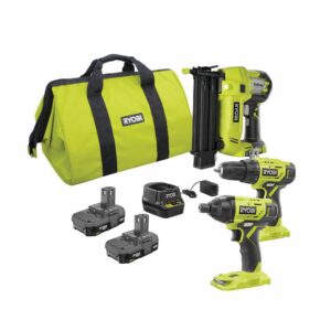 RYOBI 18-Volt ONE+ Lithium-Ion Cordless 3-Tool Combo Kit with Drill/Driver, Impact Driver, AirStrike 18-Gauge Brad Nailer