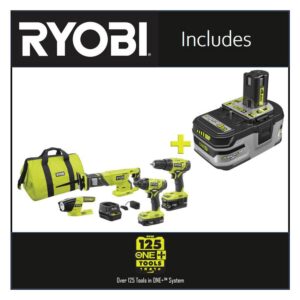 RYOBI 18-Volt ONE+ Lithium-ion Cordless 4-Tool Combo Kit with Free 18-Volt ONE+ 4.0 Ah LITHIUM+ HP High Capacity Battery