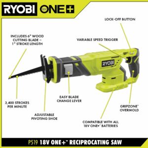 RYOBI 18-Volt ONE+ Cordless Reciprocating Saw with 1.5 Ah Compact Lithium-Ion Battery