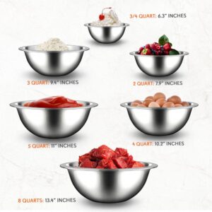 NutriChef 6-Piece Stainless Steel Kitchen Mixing Bowls Set