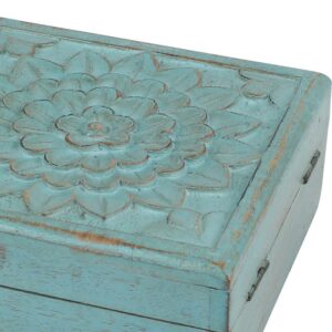 Stonebriar Collection 6 in. x 2.5 in. Weathered Sky Blue Wooden Box with Hinges and Carved Floral Design