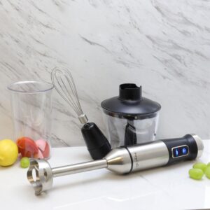 MegaChef 4-in-1 Multi-Purpose 2-Speed Stainless Steel Immersion Blender with Chopper and Whisk Attachment