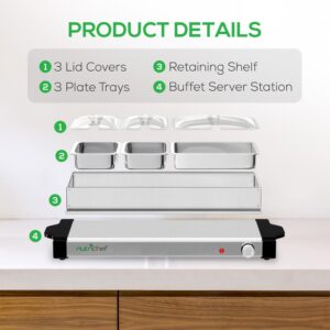 NutriChef 27.6 in. 3-Burner Stainless Steel Electric Food Warming Tray - Buffet Server Hot Plate Food Warmer