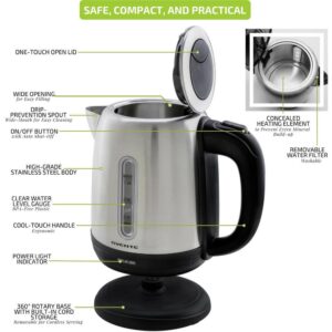 Ovente 5-Cup Stainless Steel Electric Kettle, BPA-Free, Concealed Heating Element, Auto Shut Off & Boil-Dry Protection