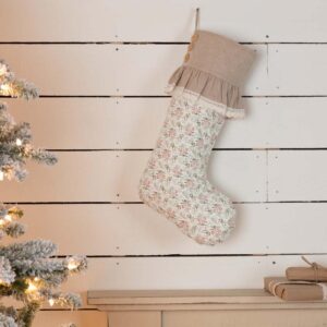 VHC Brands 20 in. Cotton Carol Creme White Farmhouse Christmas Decor Floral Stocking