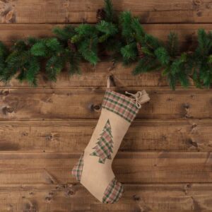 VHC Brands 20 in. Clement Deep Red Rustic Christmas Decor Tree Appliqued Stocking