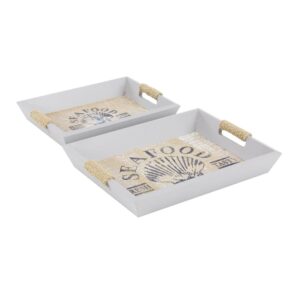 LITTON LANE Coastal Living Wooden "SEAFOOD" White Decorative Trays (Set of 2)