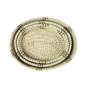 LITTON LANE White Seagrass and Polyethylene Decorative Wicker Trays with Black Accents (Set of 3)