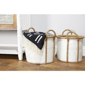LITTON LANE Round Palm Leaf and Rope Storage Wicker Baskets with Handles (Set of 3)